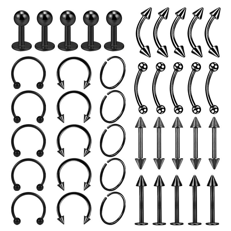 40PCS Surgical Steel Body Piercing Jewelry Lot Bulk Nose Ring Tongue Bar Lot Eyebrow Labret Piercing Set Horseshoe Ring Lot Pack