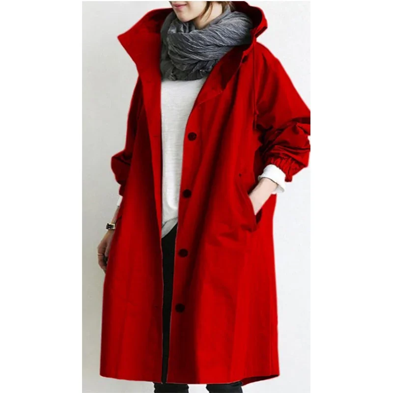 ผู้หญิงเสื้อ 2024 ฤดูใบไม้ร่วงสีทึบHooded Windbreaker Long Trench Coat Office Lady Casualแฟชั่นOuterwearเสื้อคลุมหญิง