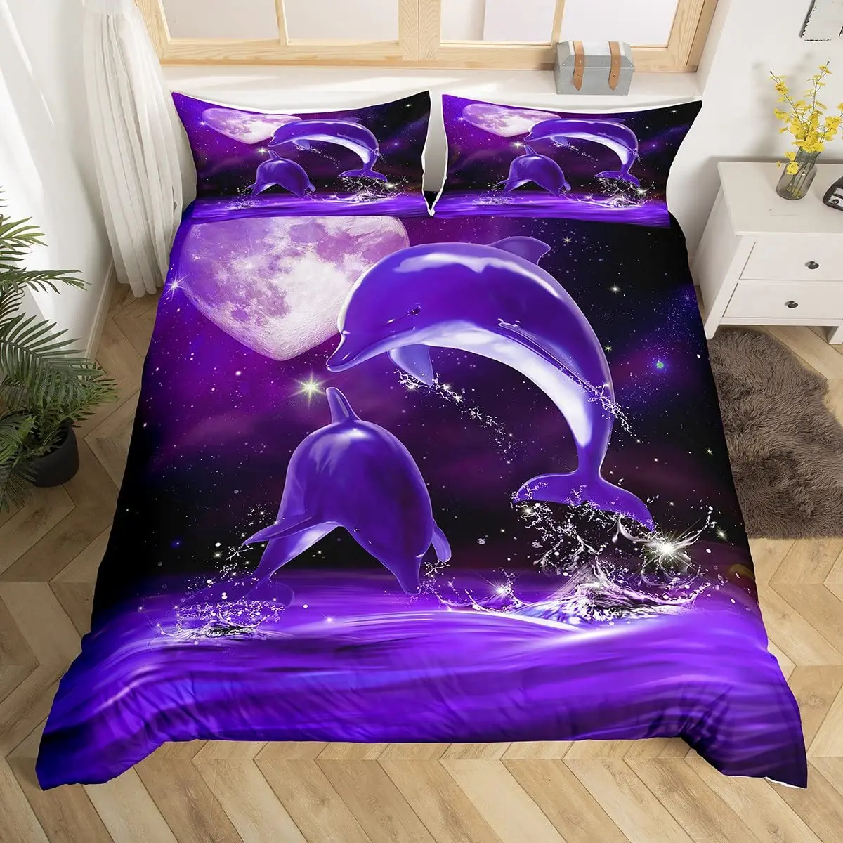 Dolphin Bedding Set King Queen Ocean Waves Animal Duvet Cover Set Sea Moonlight Comforter Cover Starry Sky Stars Quilt Cover