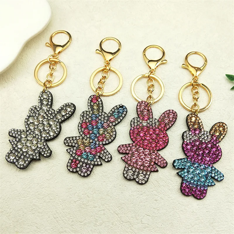 Кольцо для ключей Little Happy Rabbit Bunny для женщин и мужчин из нержавеющей стали, розовый, прозрачный, со стразами, Kawaii, женский брелок, ювелирные аксессуары