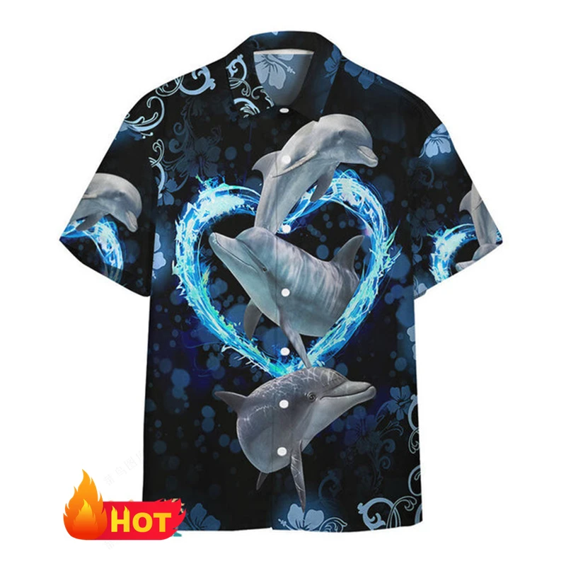 

3D Printed Cute Dolphin Shirts For Men Women Clothes Summer Hawaiian Beach Shirt Button Lapel Short Sleeve Loose Unisex Blouse