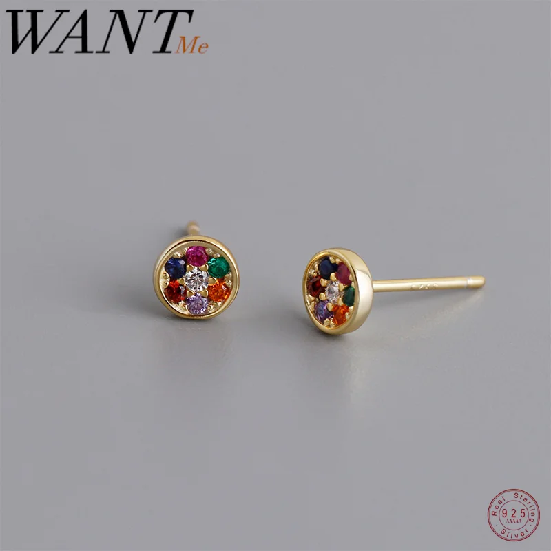 WANTME 925 Sterling Silver Fashion Colorful Zircon Round Bohemian Stud Earrings for Women Cute Ear Bone Jewelry Accessories