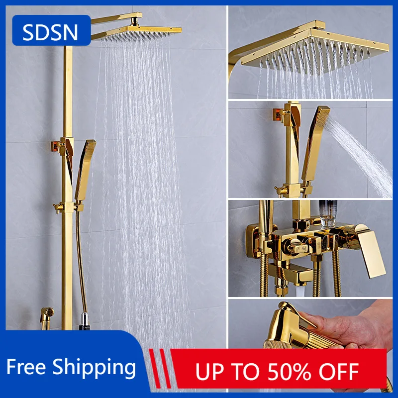 

Золотой термостатический душевой набор для ванной комнаты, качественные латунные смесители для ванной комнаты, 12-дюймовая насадка для тропического душа, горячая и холодная душевая система для ванной комнаты