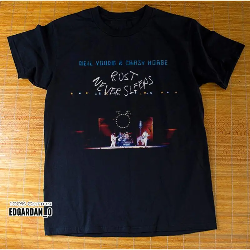 Neil Young Rust Never Sleeps Album Rock Band Black T shirt Size S 5XL