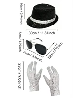 Michael Jackson Costume Accessories Set - Sequin Fedora Hat + Rhinestone Gloves + Aviator Sunglasses, Halloween Cosplay Party Dr 3