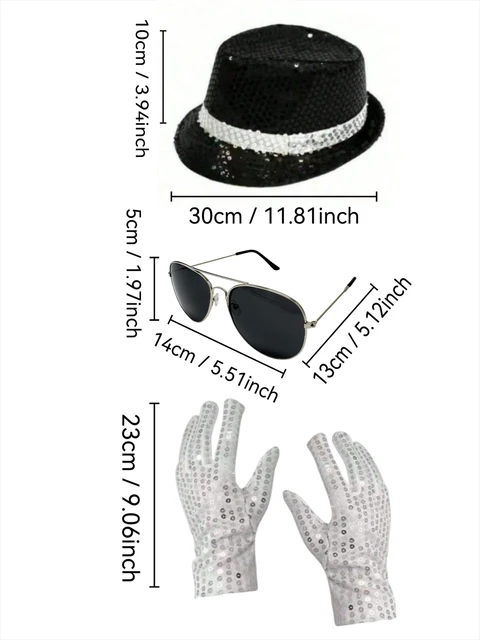 Michael Jackson Costume Accessories Set - Sequin Fedora Hat + Rhinestone Gloves + Aviator Sunglasses, Halloween Cosplay Party Dr 3 Michael Jackson Costume Accessories Set - Sequin Fedora Hat + Rhinestone Gloves + Aviator Sunglasses, Halloween Cosplay Party Dr 3