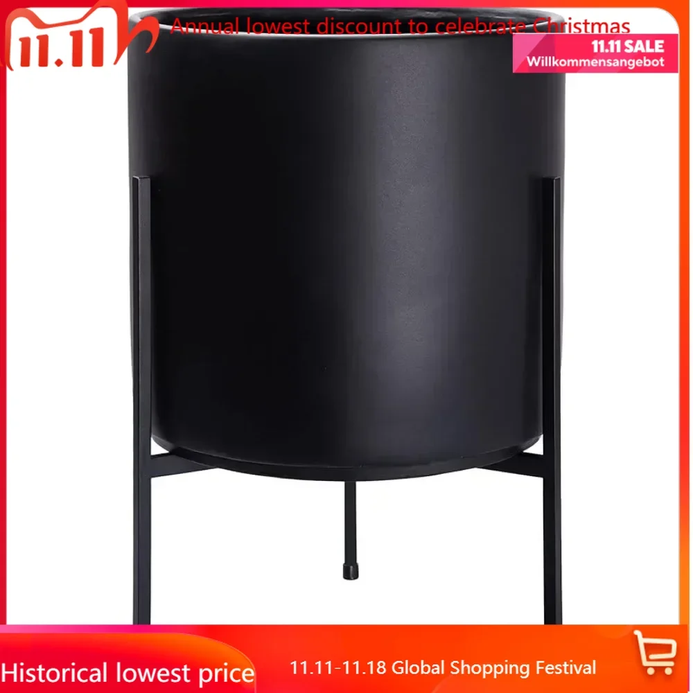 Flower Pot Black Plants Pot Cylinder Planter with Heavy Duty Stand, Large 12 Inch Pot, 17.6 Inch with Stand Height,Plant Pots