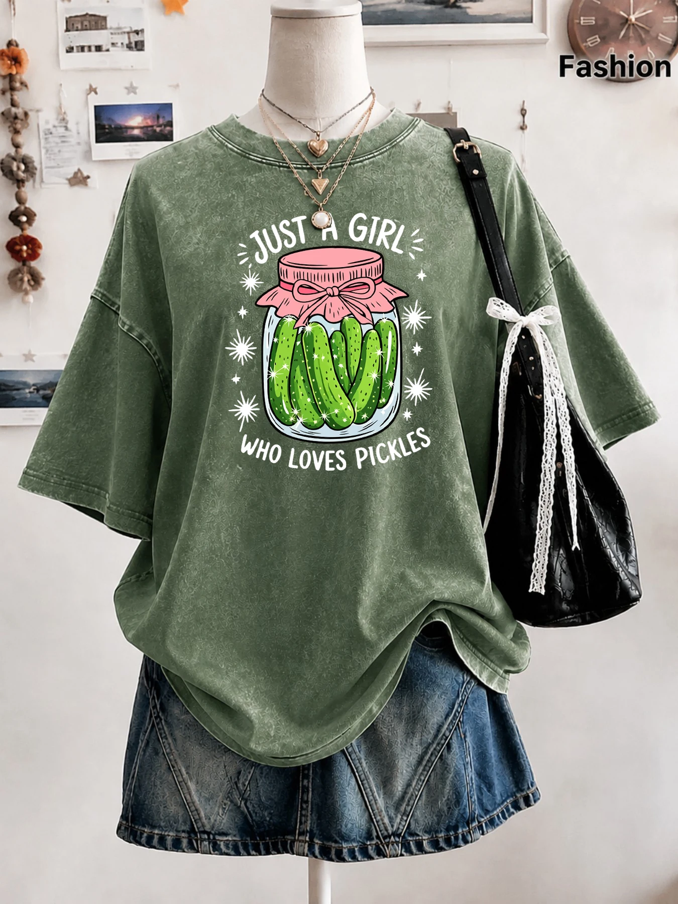 Just A Girl Who Loves Pickles Cucumbers Print Women'S Washed T Shirt Cotton T-Shirts Y2K Loose Short Sleeves Summer Sportswear