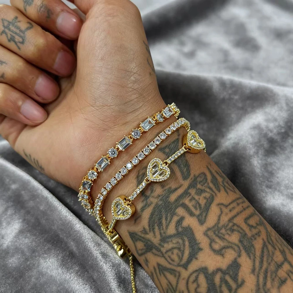 UWIN Iced Out Heart Tennis Bracelets Set for Women Gold/Silver Color Cubic Zirconia Chain Bracelets Hip Hop Jewelry for Rappers