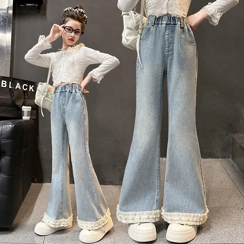 Autumn UNITIM Teens Girls Denim Flared Pants 4-14Yrs Kids Girls Slim Fit Jeans Bow Hem High Waist Young Teenagers Girls Trousers
