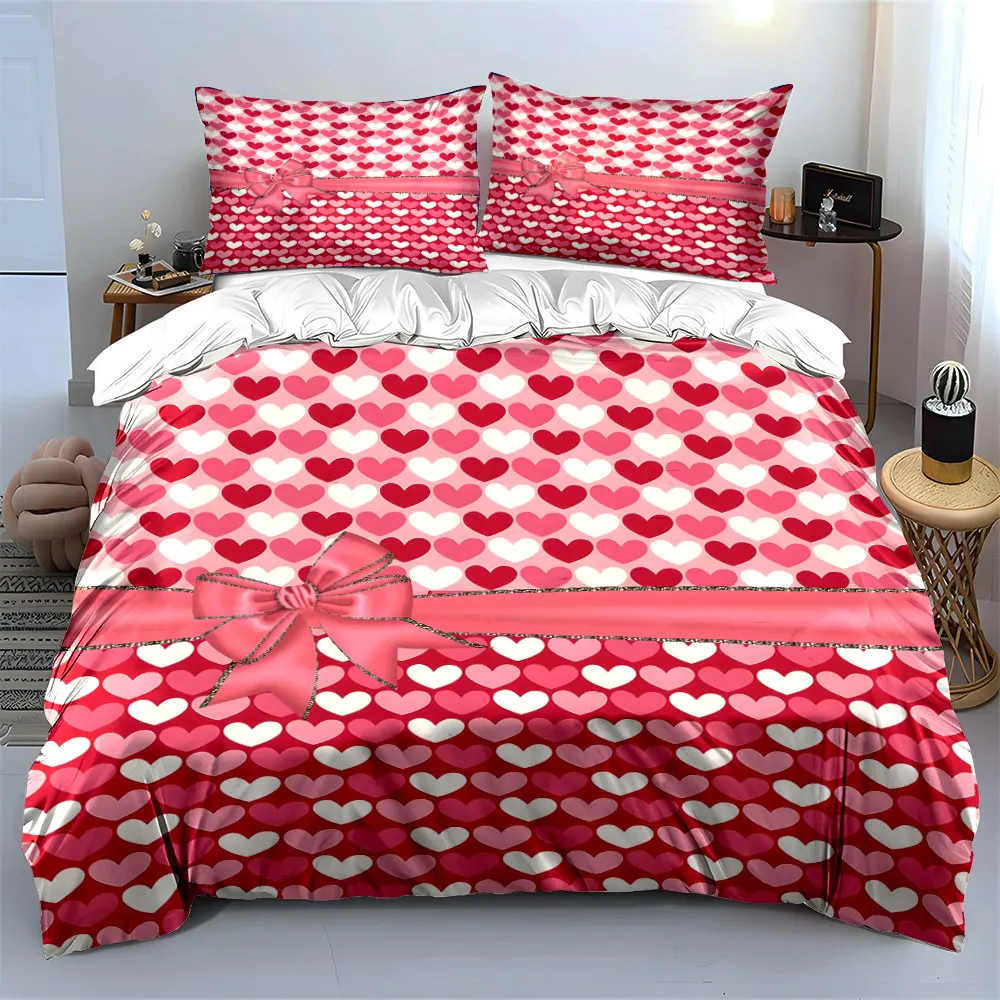 Pink Red White Heart Bedding Set, Cute Ribbon Bow Valentine Love Pattern Duvet Cover Set For Teen Girls Couple Bedroom Decor