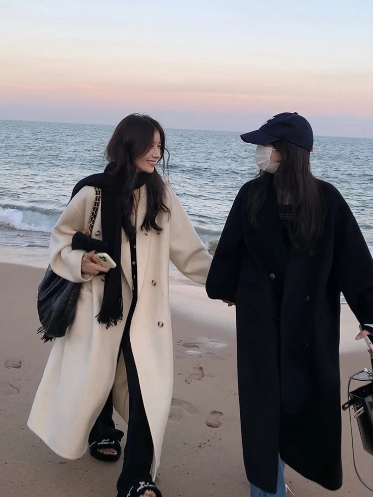 100% 양모! 양면 울 코트, 가을과 겨울용 중간 길이 두꺼운 울 코트, 여성용 신상품 2025