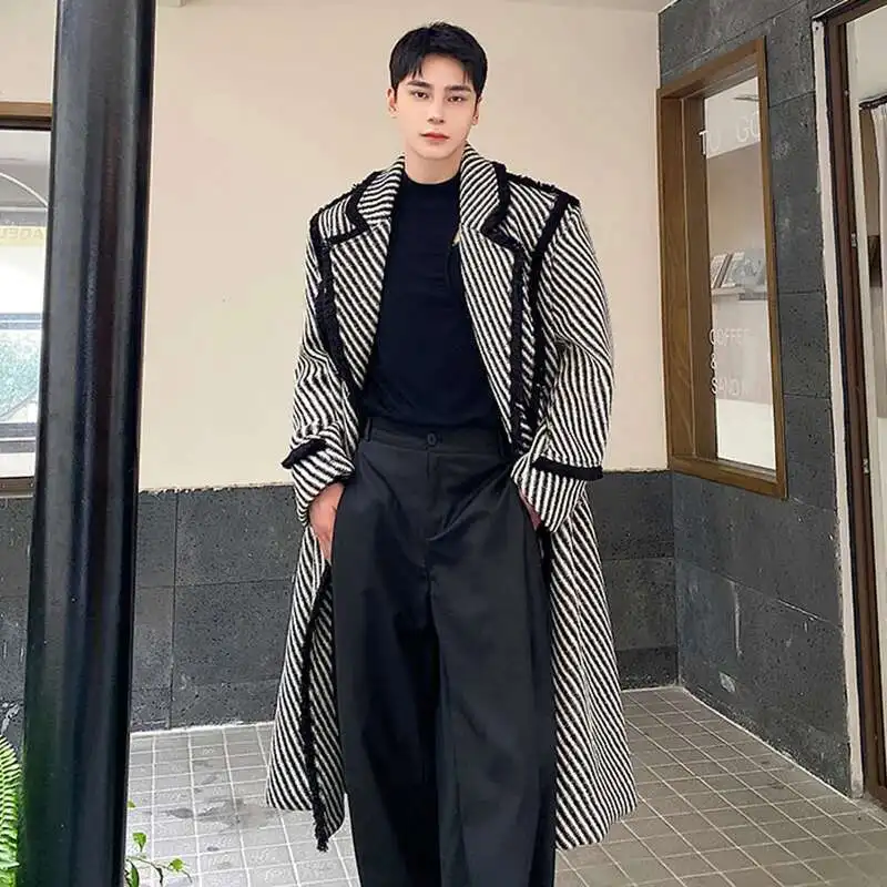 IEFB Winter Men's Woolen Long Coat Thickened Weave Twill Lapel