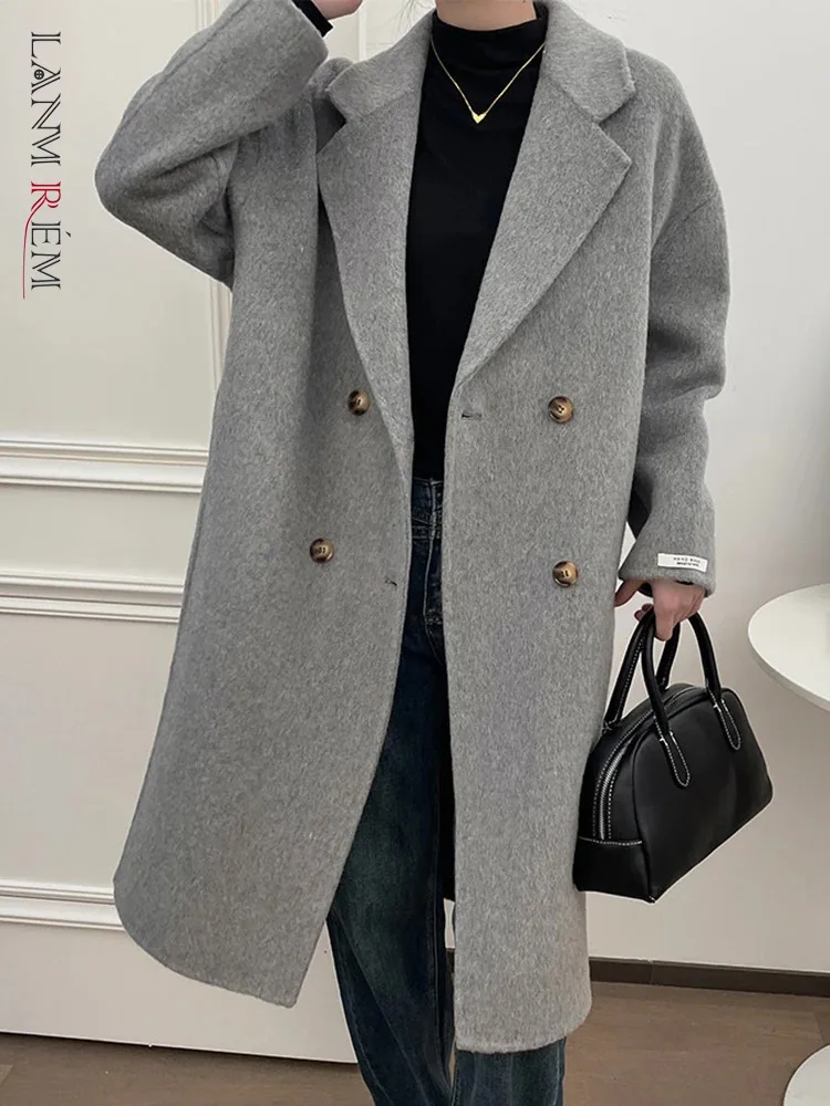 

LANMREM Office Lady Winter Wool Long Coat For Women Notched Collar Double Breasted Mid Length Clothing Fashion 2024 New 2VV218