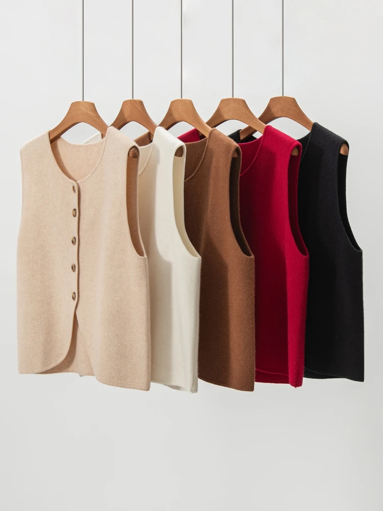100% Cashmere Cardigan Vest Sweater Women Autumn Winter Single Breasted Sleeveless Fit Slimming Soild Knitted Waistcoat Elegant