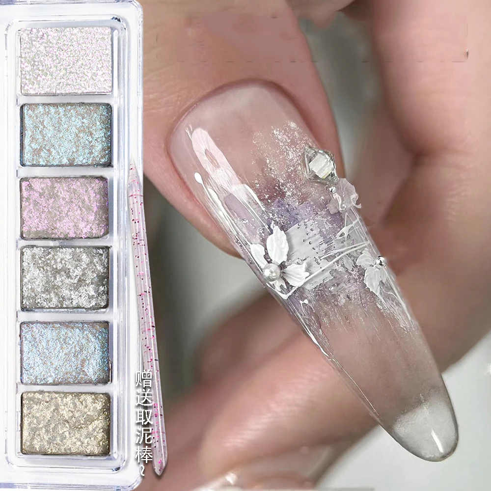 ﻿ 6 kolorów / pudełko Aurora Mermaid Nail Glitter Powder Fairy Brilliant Mud Cloud Brocade Powder Ice Transparent Nail Chrome Dust Flakes