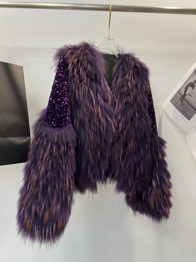 جديد الراكون الشعر سيارة شرائط معطف جلد فاخر خفيف للنساء + تصميم الترتر الصناعة الثقيلة