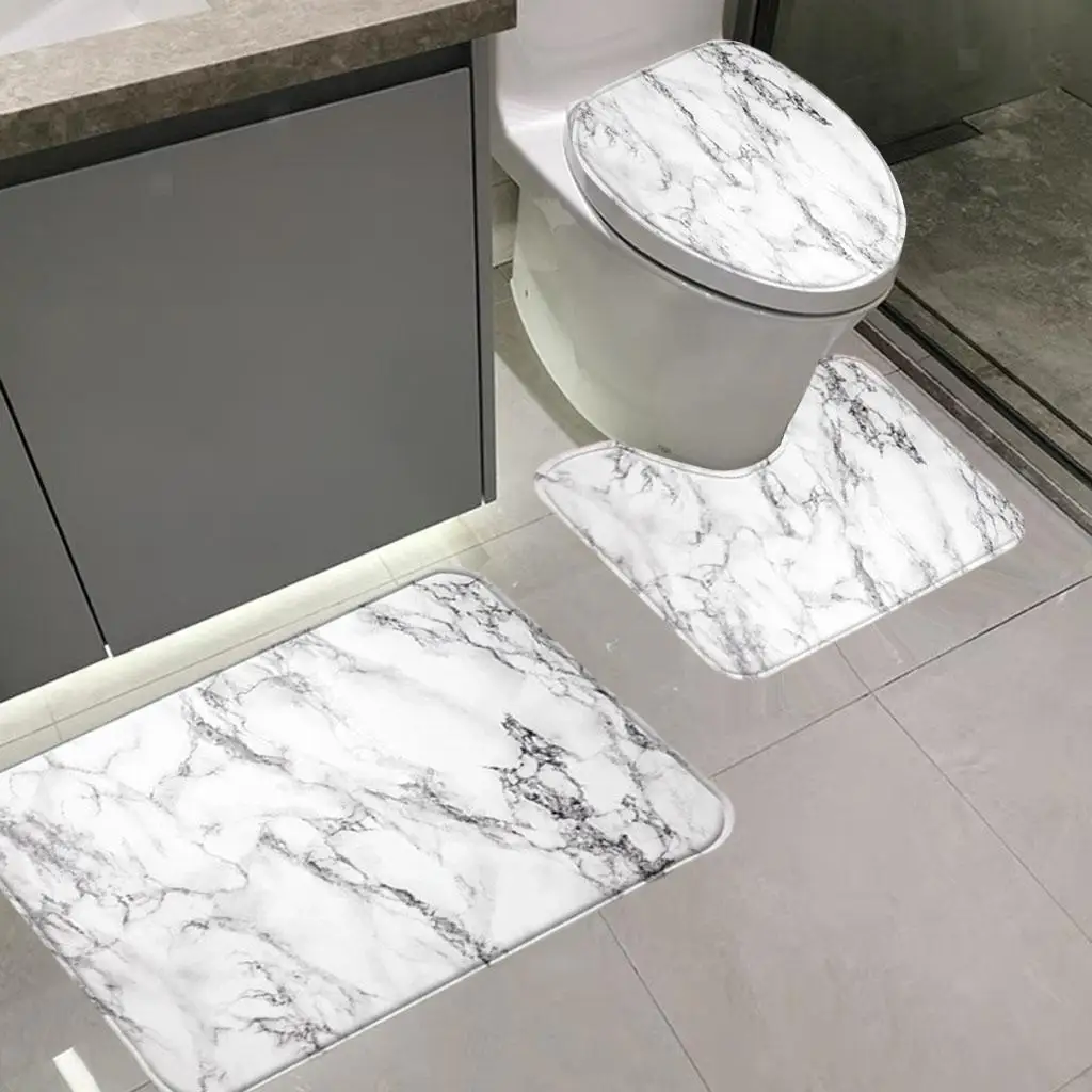 Marble Print Bathroom 3piece Set Nonslip Absorbent Bathroom Floor Mat Carpet Absorbent Shower Mat and Ushaped Carpet