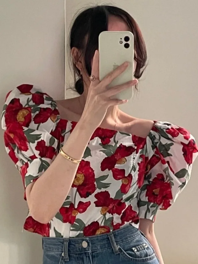 

Свободный крой с милым цветочным принтом Bubble Sve irt, женский летний шикарный топ с квадратным воротником, эффективная повседневная одежда для похудения