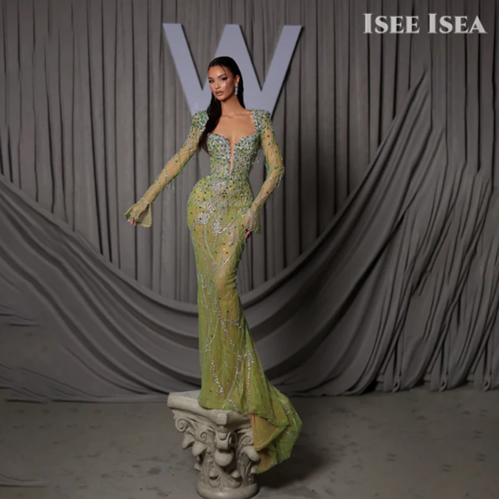 

Green luxurious Evening Dresses Saudi Arabia Square Collar Sequins Mermaid Prom Gown Long Sleeve Wedding Party Dress Customized