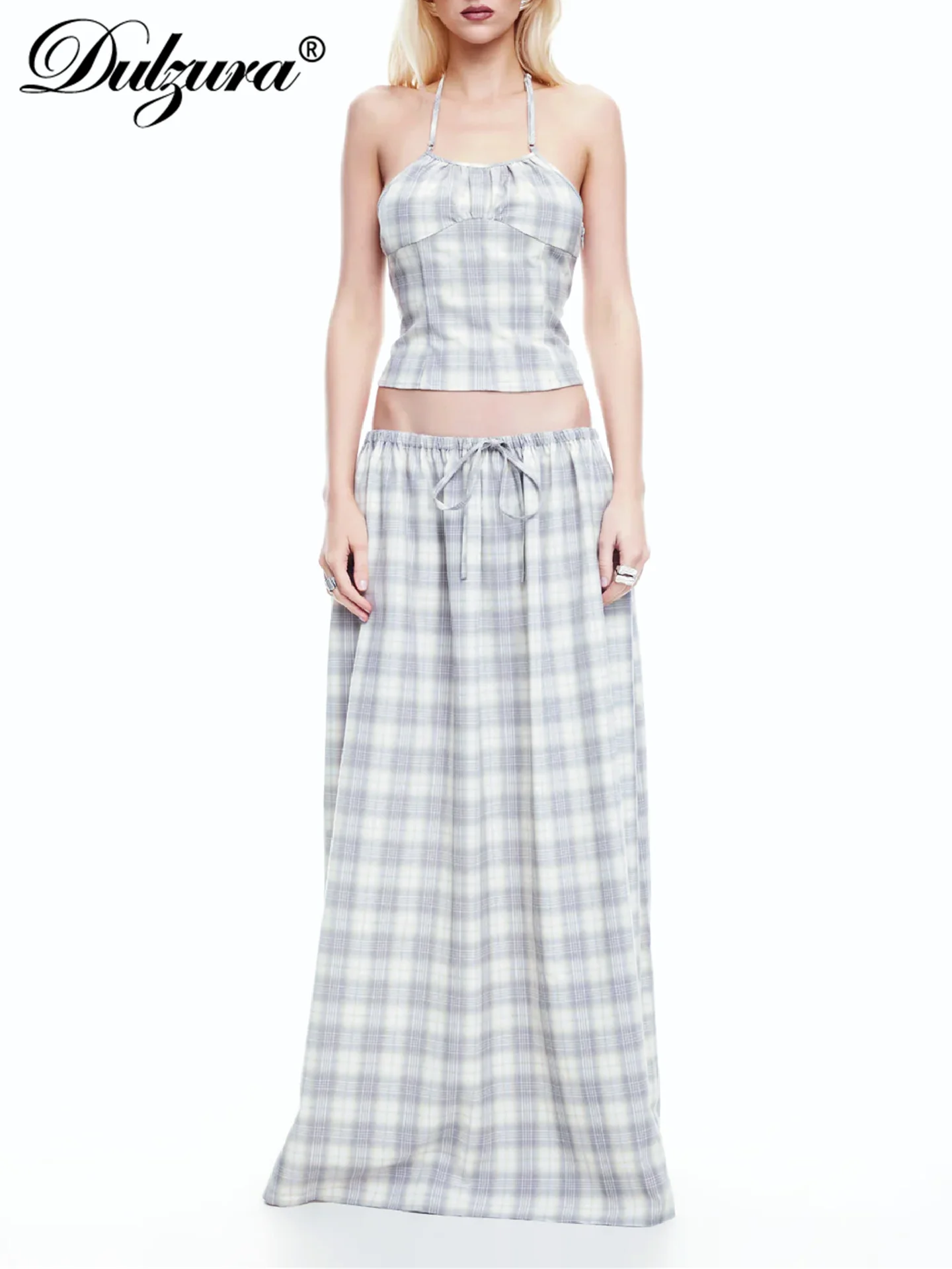Dulzura Mode Sexy Elegantes 2-teiliges kariertes Rock-Set Halter-Backless Crop Top Lace Up Slim Rock Passendes Set Party Club Kleidung