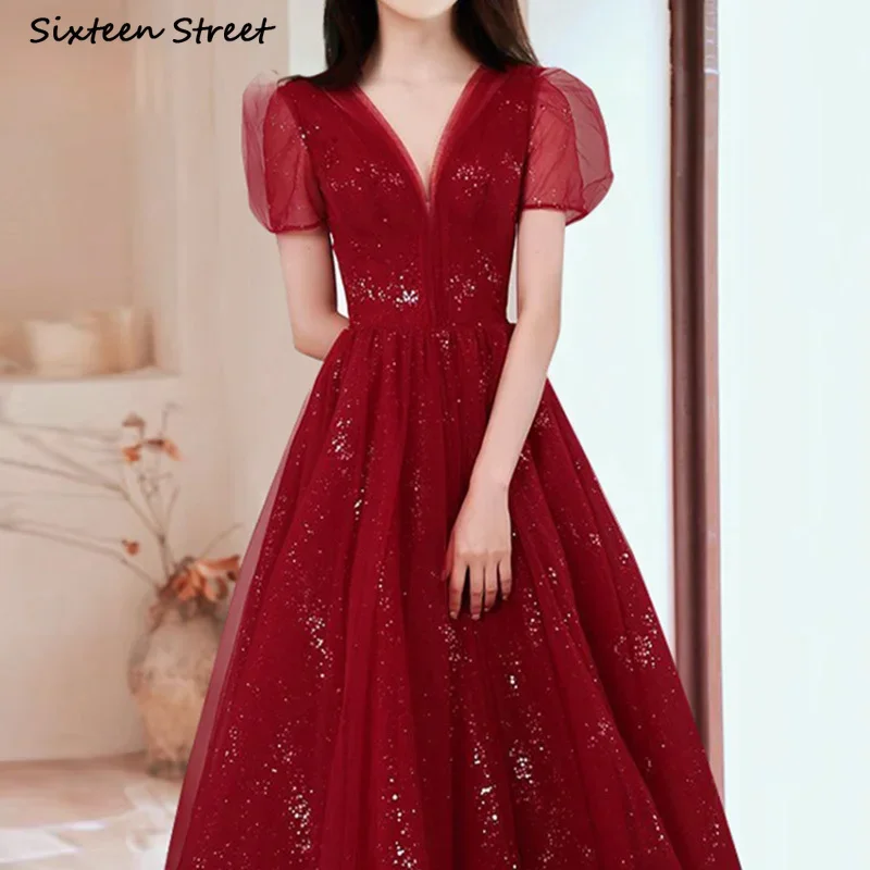 

Red Mesh Dress Women V-neck Puff Sleeve Elegant Party Dresses Bodycon Tall Waist Vintage Woman Clothing Vestido Feminino