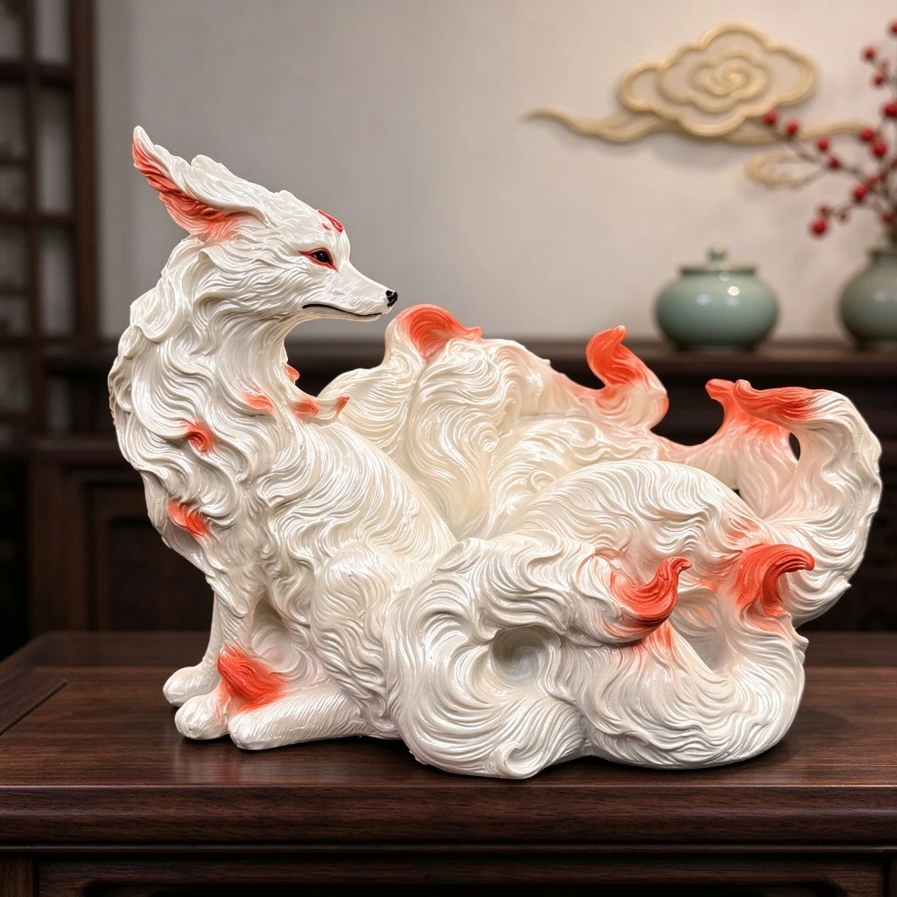 Hand Painted Nine Tailed Fox Resin Figurine Lucky Feng Shui Ornament Chinese Mythology Sculpture for Home Temple Shelf Decor
