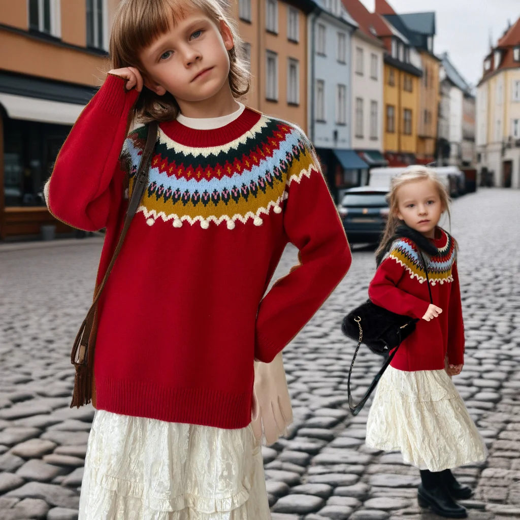 خمر معرض جزيرة عيد الميلاد سترة الفتيات الأحمر الكروشيه متماسكة البلوز الثقيلة التطريز شتاء دافئ أعلى في سن المراهقة مدرسة الاطفال الملابس #1