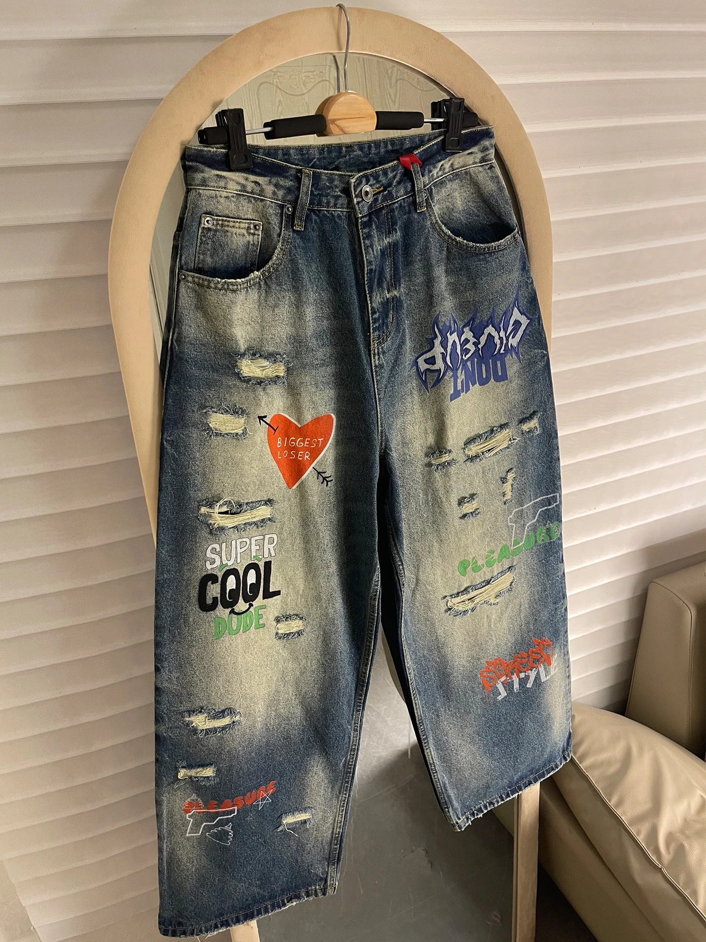 

Джинсы Parisian Sle с ручной росписью и принтом, унисекс, в уличном стиле, свободные, прямые, с дырками, широкие, длинные брюки, трендовые