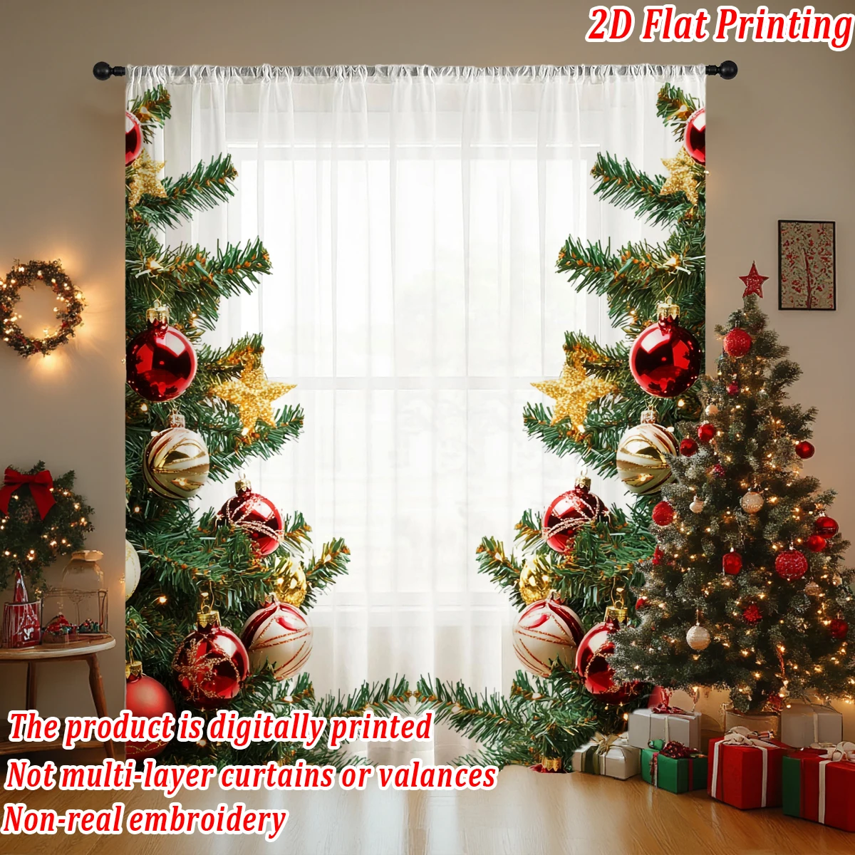 Christmas Flat Printing Sheer Curtain with Christmas Ball Star Pine Branch Ornament For Living Room Bedroom Decor Holiday Party