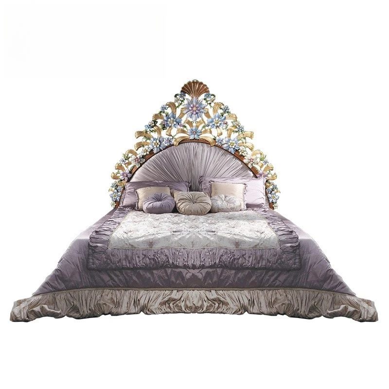 Double bed European luxury wood carving flower villa, big house club master bedroom big bed, whole house furniture