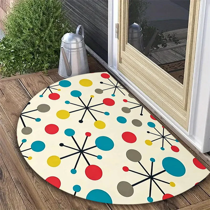 Red Orange Ethnic Tribal Sun Mandala Border Non Slip Semicircle Doormat Moroccan Boho Bathroom Half Circle Bath Mat
