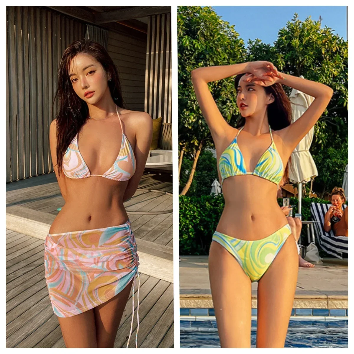 

Hot Sale Of The Season New Korean Thermal Spring Bikini Three-Piece Set Women's Separate Swimsuit Print Tie-Detail Pattern Femal