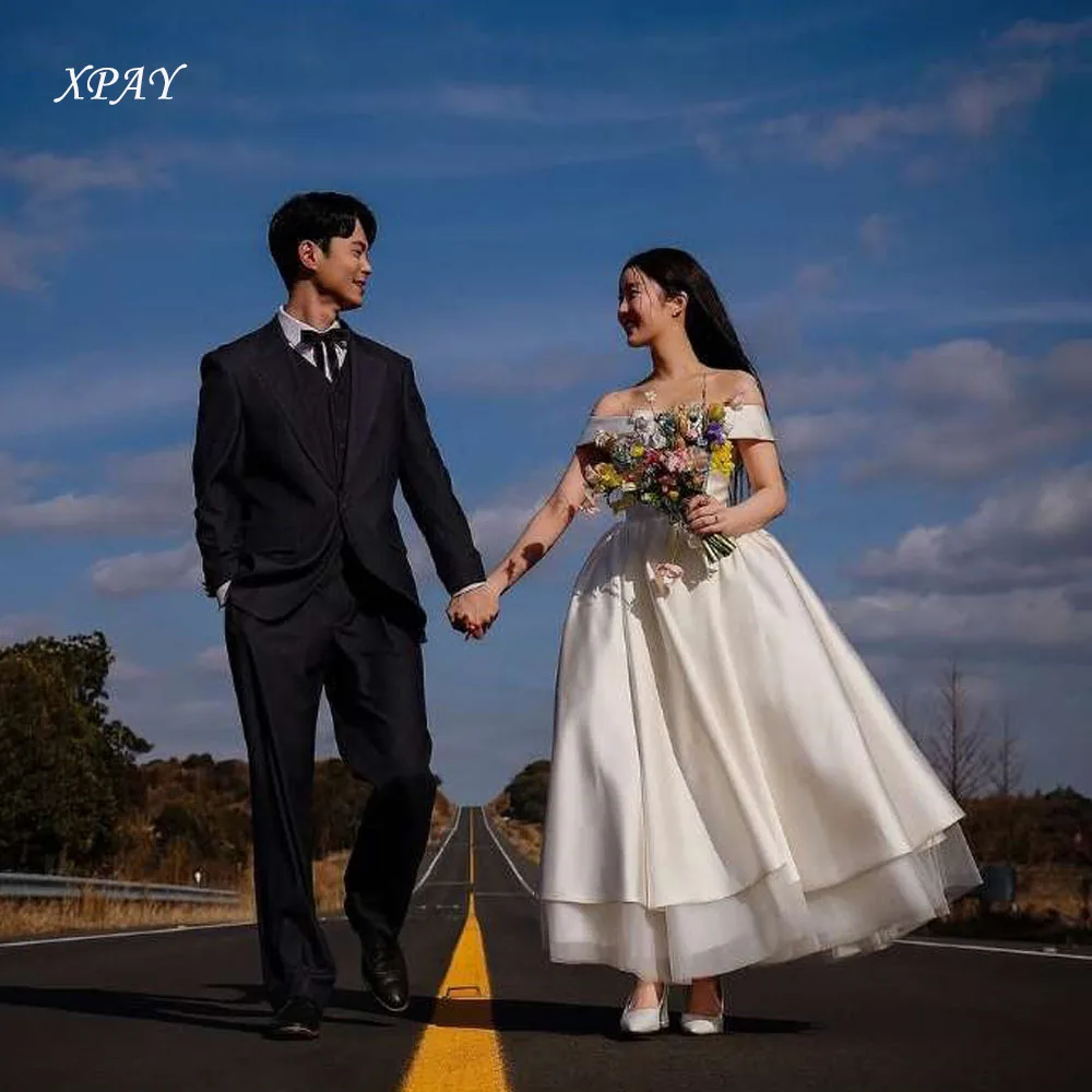 

XPAY Simple Off Shoulder A Line Wedding Party Dresses Korea Photo shoot Satin Ankle Length Bridal Gowns Corset Back Customized