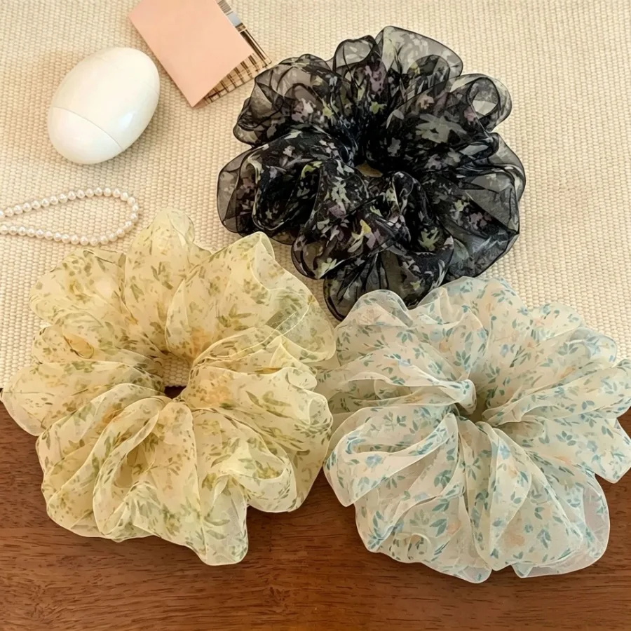 Pastoral style, black floral, large intestine, hair ring, hair ring, female, high-quality, gentle, head rope, extra-large hair - Detail 1