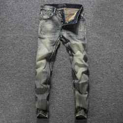 Italian Style Fashion Men Jeans Retro Washed Trousers Stretch Slim Fit Ripped Jeans Men Vintage Designer Denim Pants Hombre