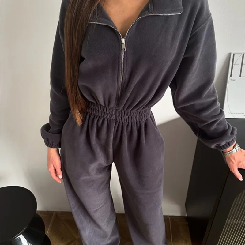 

2025 New Women's Casual Long Sleeve Half-Zip Elastic Waist Jumpsuit Comfy One-Piece Lounge Set with Relaxed Fit
