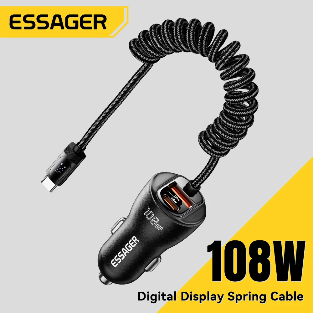 

Автомобильное зарядное устройство Essager 108W USB для Xiaomi Samsung с пружинным кабелем и цифровым дисплеем, быстрая зарядка для iPhone 17 16 Xiaomi