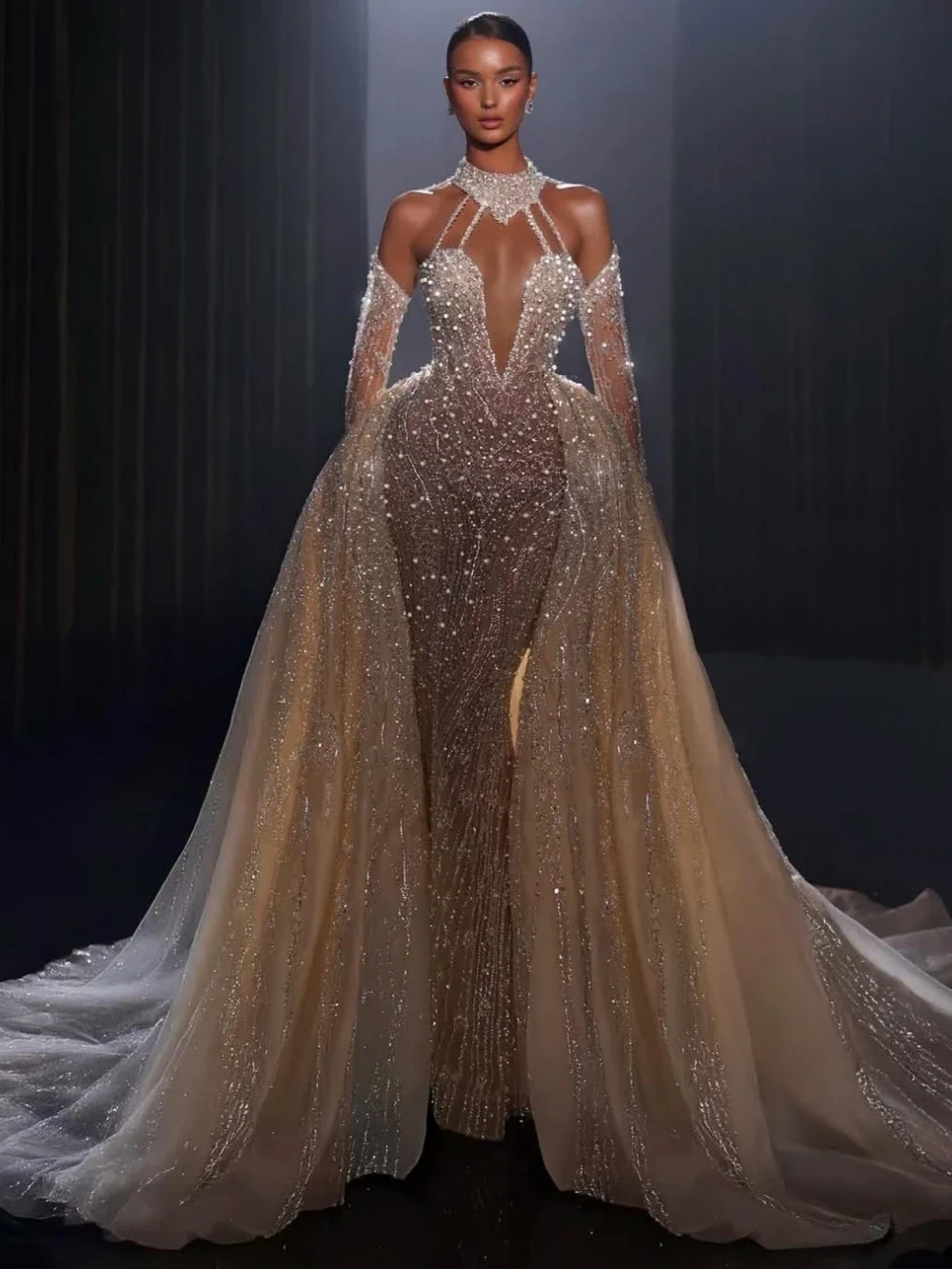 

Customized Luxury Detachable Trailing Sleeve Wedding Dress Sequined Beaded Pearl Wedding Dress Sexy Sweetheart Mermaid