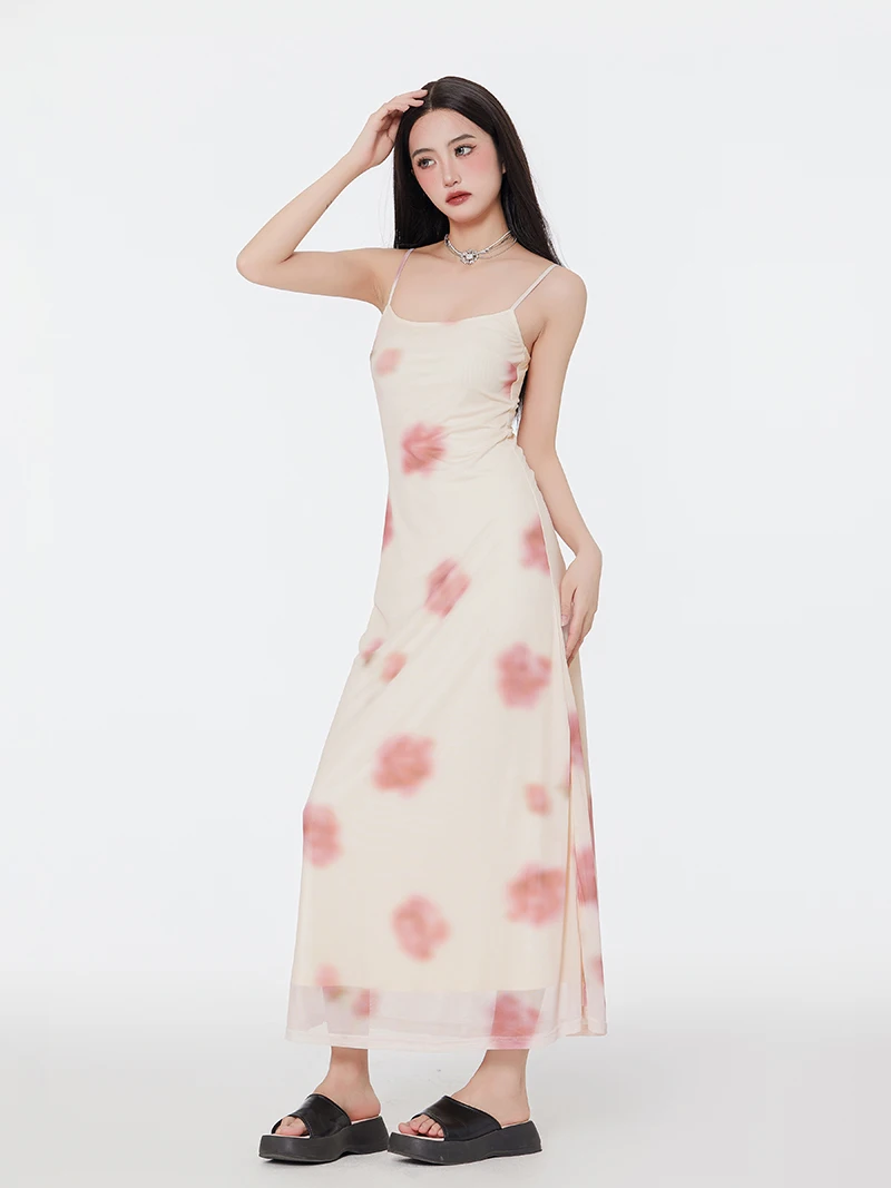 CHEERART Floral Mesh Long Dress For Women 2023 Summer Backless Sundress Casual A Line Slip Maxi Dress European Clothing