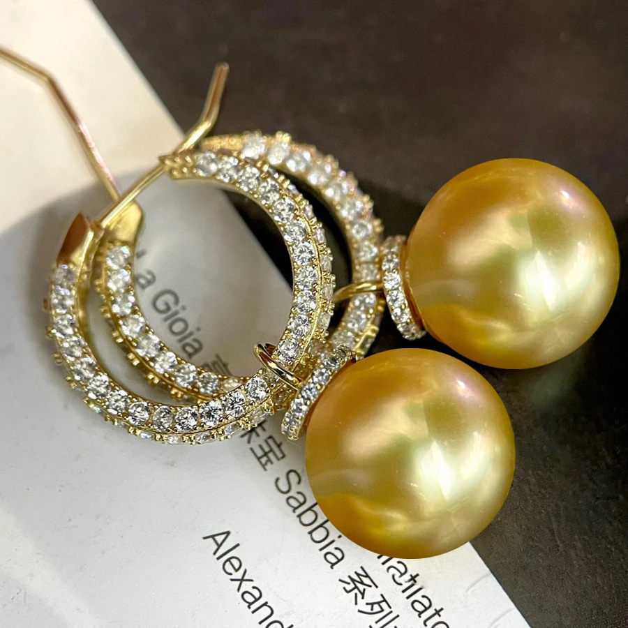 

MeiBaPJ DIY 925 Silver Holder 11-12mm Golden Natural Round Pearls Fashion Drop Earrings Fine Jewelry for Women