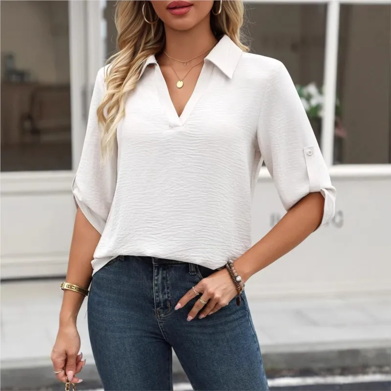 

Women Casual Solid color Blouse 2026 Summer Fashion V-neck Collared Shirt Office Elegant Pullover Loose Blusas Tops Office Wear