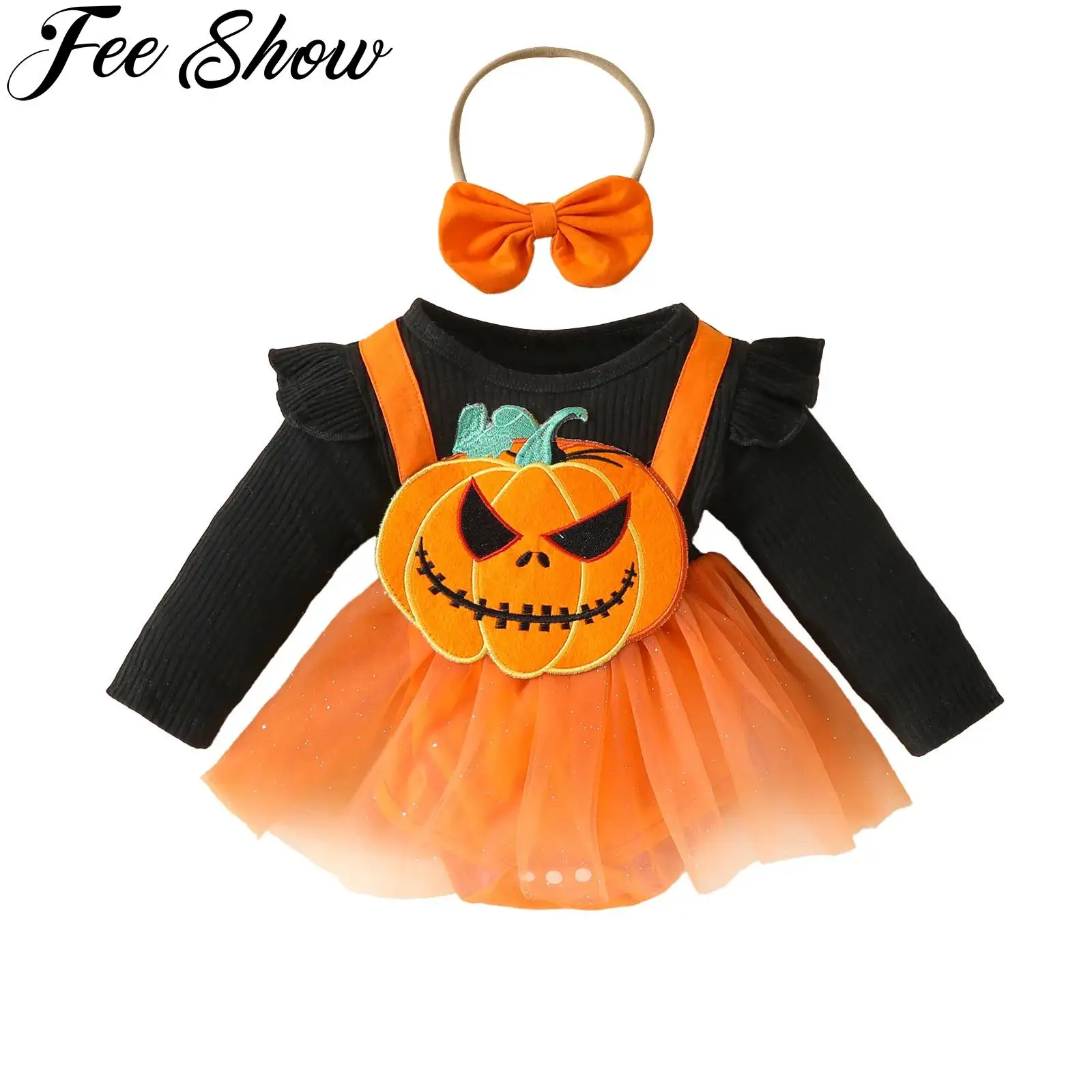 Infant Baby Girls Halloween Pumpkin Faux Suspender Dress Long Sleeve Tulle Tutu Dress Romper for Carnival Theme Party Cosplay