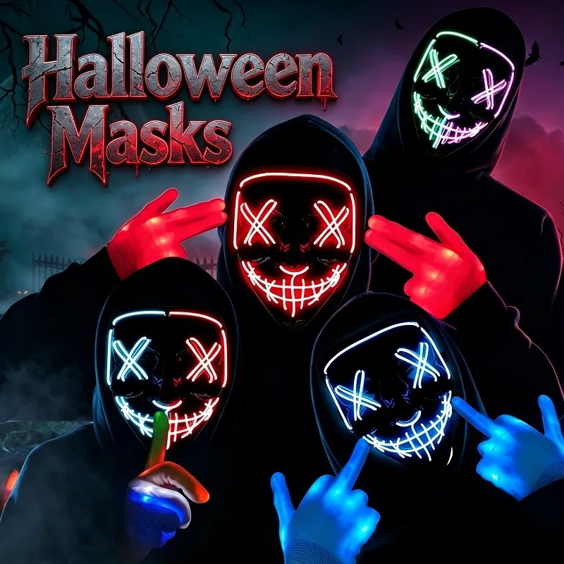 Wireless Neon LED Purge Mask Glow in The Dark Cosplay Horror Mask Halloween Masquerade Party Masks Glowing Funny Dress Up