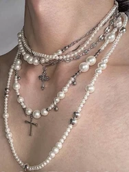 Vintage Punk Metal Rock Hip HopTrend Long Pearl Cross Pendant Titanium steel Chain Choke Necklace For Women Men Jewelry