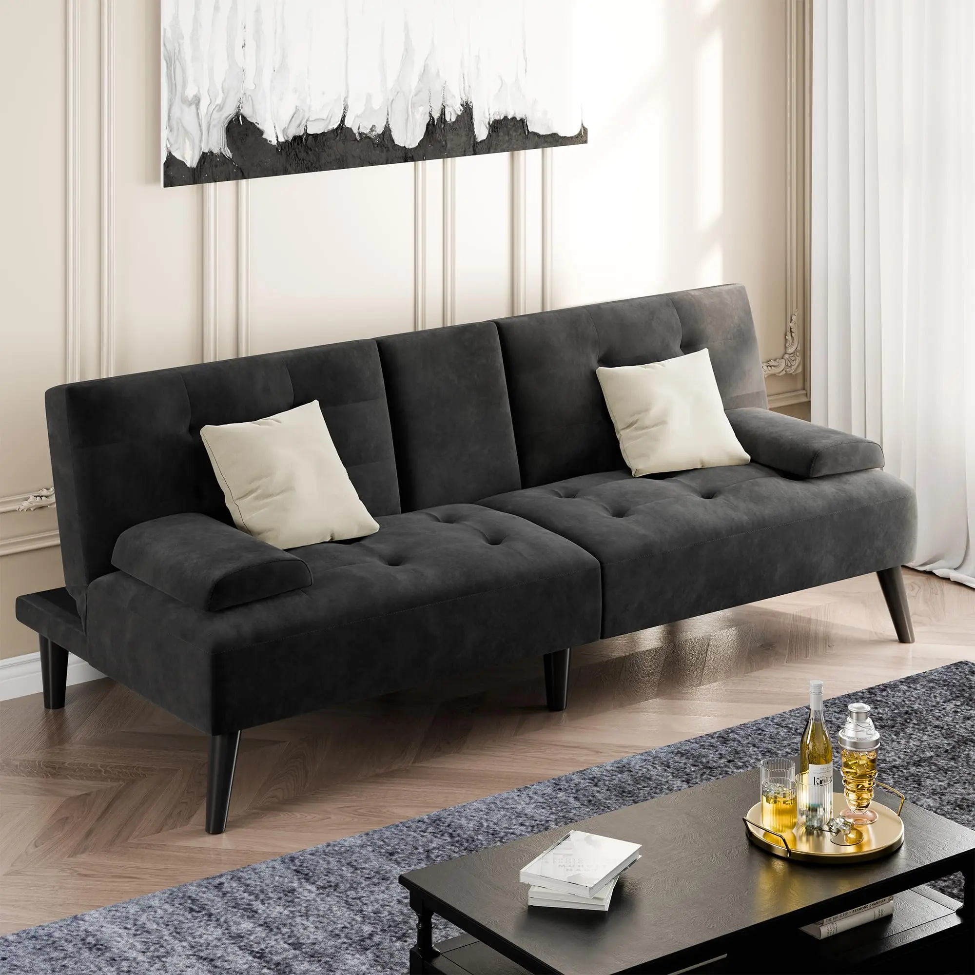 

Velvet Futon Sofa Bed Foldable Reclining Sleeper With Removable Armrests For Living Room Office