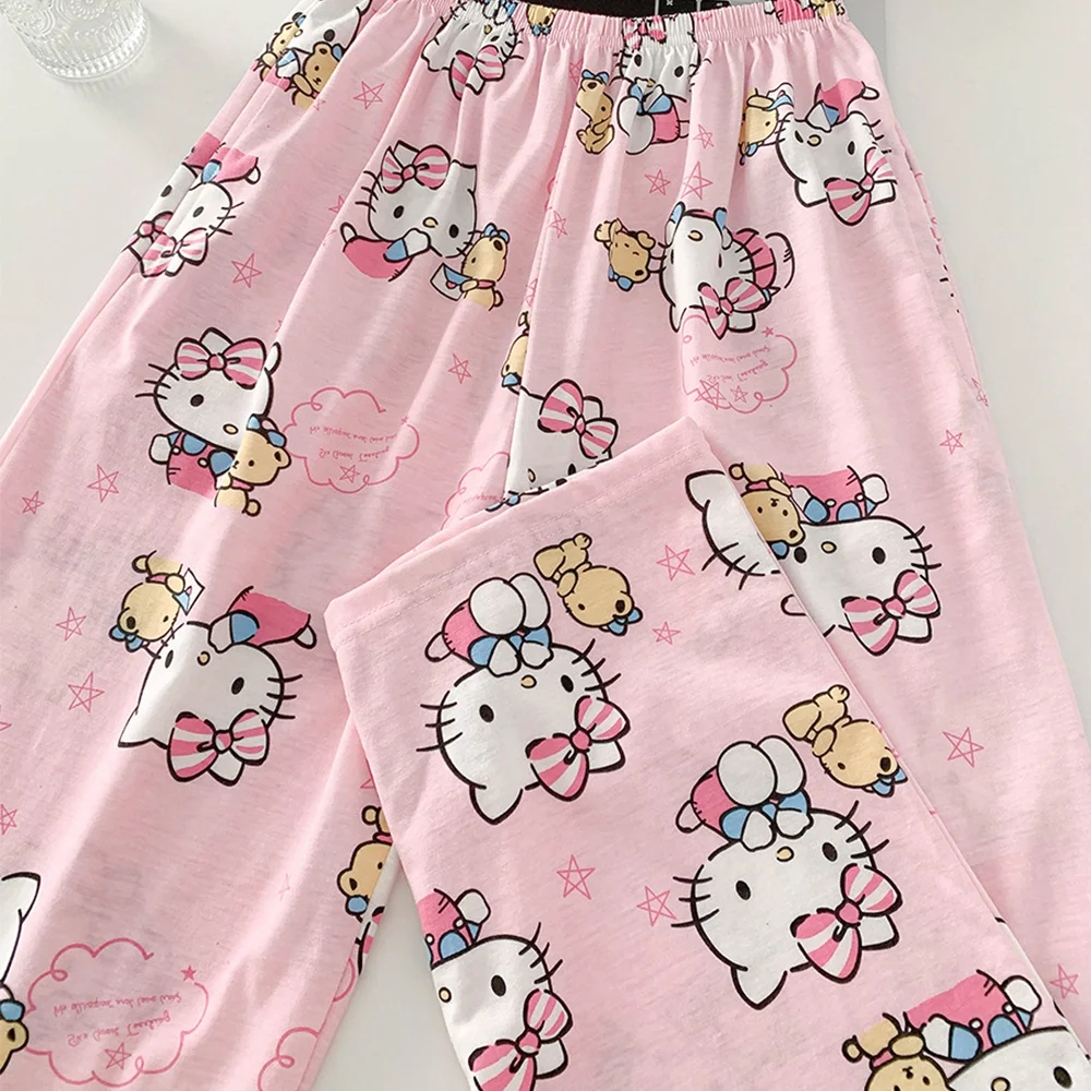 Sanrio Hello Kitty Cartoon Cute Pajamas Pink Women Loose Cotton Cartoon Casual Home Pants Spring and Summer Fashion Trousers