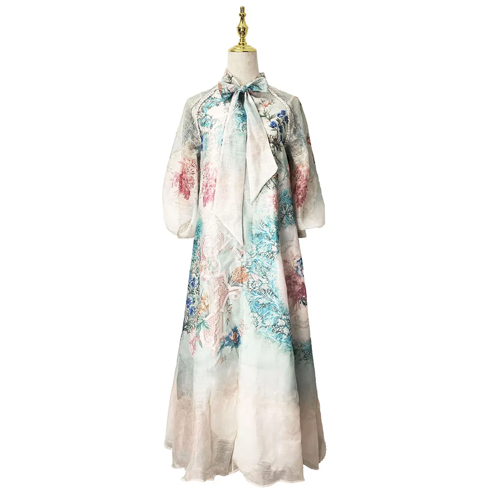 

Длинное платье в стиле ранневесеннего отпуска, из шелка и льна, с принтом, с поясом-завязкой, для прогулок по городу, подходит для всех типов фигуры