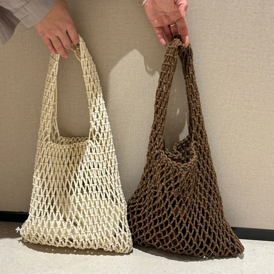 

Summer Cotton Rope Tote Bag Hollow Out Solid Color Woven Mesh Net Beach Shoulder Bags Handmade Crochet Handbag With Inner Pocket