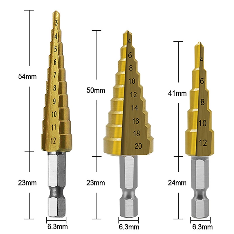 3Pcs Hexagonal Handle Straight Slot Titanium Plated Step Drill 3-12/4-12/4-20 Boxed Reaming Step Drill Pagoda Drill Set